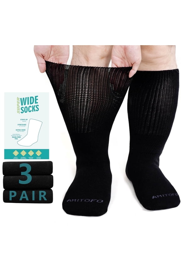3 Pairs Cotton Diabetic Socks for Men and Women,UNEEI Extra Wide Calf Socks for Swollen Feet, Comfortable & Non-Binding Fit Crew Socks, Size 9-13