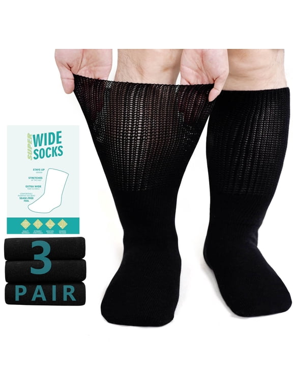 3 Pairs Cotton Diabetic Socks for Men and Women,UNEEI Extra Wide Calf Socks for Swollen Feet, Comfortable & Non-Binding Fit Crew Socks, Size 9-13