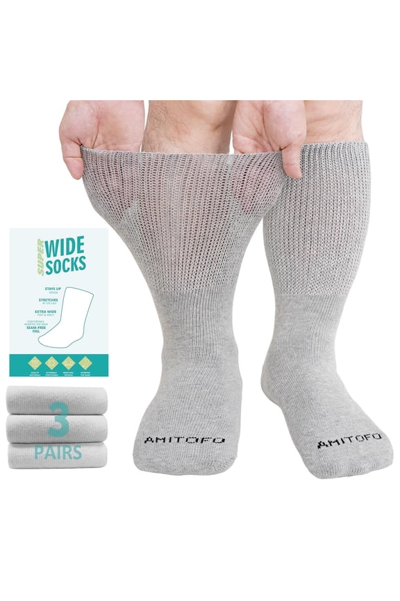3 Pairs Cotton Diabetic Socks for Men and Women, UNEEI Extra Wide Calf Socks for Swollen Feet, Comfortable & Non-Binding Fit Crew Socks, Size 9-13
