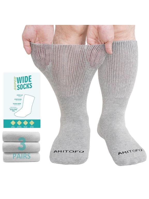 3 Pairs Cotton Diabetic Socks for Men and Women, UNEEI Extra Wide Calf Socks for Swollen Feet, Comfortable & Non-Binding Fit Crew Socks, Size 9-13