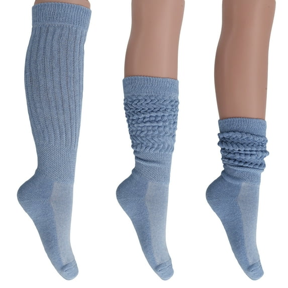 3 Pairs Cotton Slouch Cotton Socks Extra Heavy and Extra Long Shoe Size 5-10 (Light Blue)