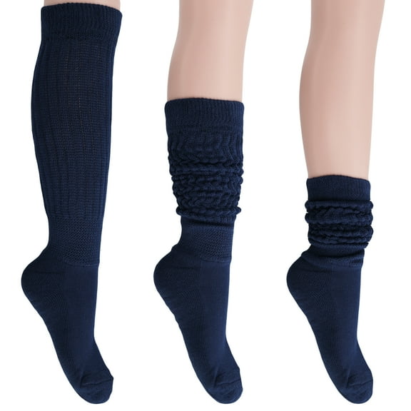 3 Pairs Cotton Slouch Cotton Socks Extra Heavy and Extra Long Shoe Size 5-10 (Navy)