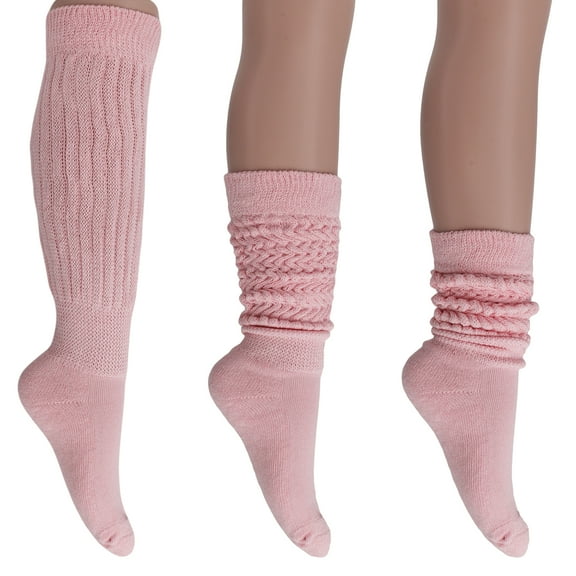 3 Pairs Cotton Slouch Cotton Socks Extra Heavy and Extra Long Shoe Size 5-10 (Pink)