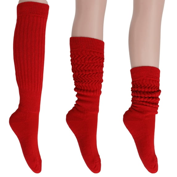 3 Pairs Cotton Slouch Cotton Socks Extra Heavy and Extra Long Shoe Size 5-10 (Red)