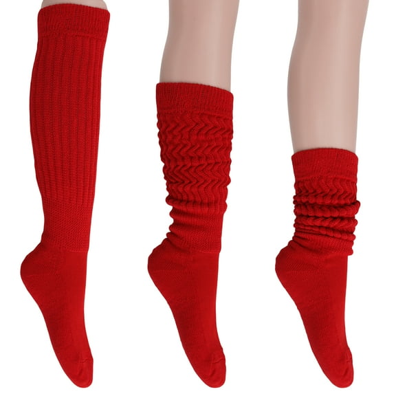3 Pairs Cotton Slouch Cotton Socks Extra Heavy and Extra Long Shoe Size 5-10 (Red)