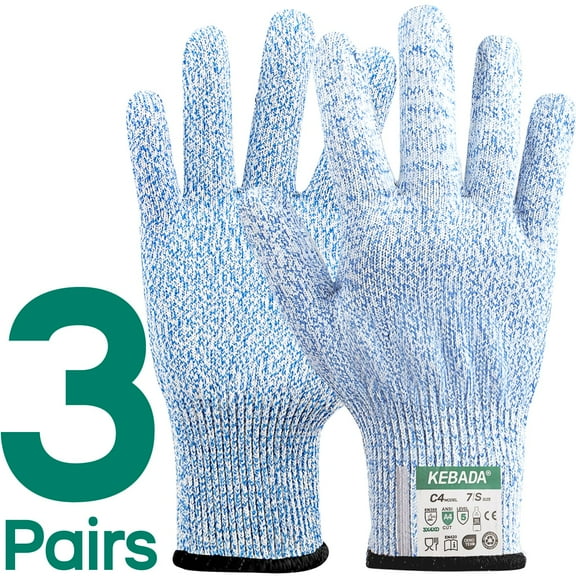3 Pairs Cut Resistant Gloves, ANSI A4 Kitchen Safety Gloves, Food Grade Level 5 Protection, Glass-Free & Steel-Free, Blue, Large
