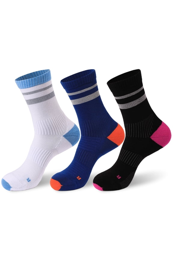 3 Pairs Cycling Socks with Reflective Yarn, Moisture Wicking, High Elasticity, Shock Absorption for Running, Cycling, Basketball, Badminton (White/Blue/Black)