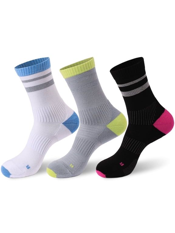 3 Pairs Cycling Socks with Reflective Yarn, Moisture Wicking, High Elasticity, Shock Absorption for Running, Cycling, Basketball, Badminton (White/Gray/Black)