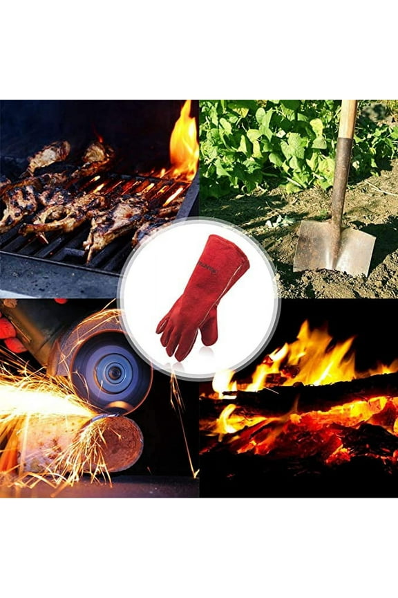 3 Pairs Deluxe 14" Welding Gloves, Heat Resistance, Leather Palm Lining Gloves, Red