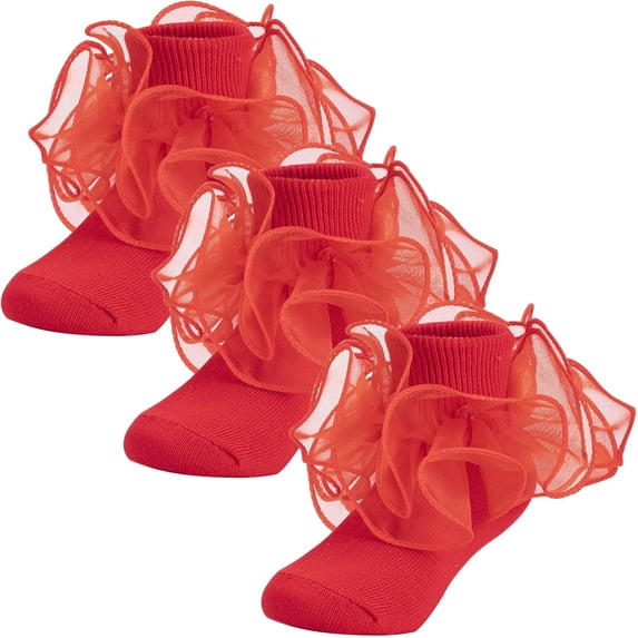 3 Pairs Dicry Baby Girls Double Lace Turn Cuff Socks with Big Ruffle for Infant Toddlers and Kids