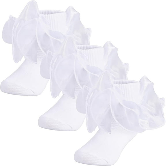 3 Pairs Dicry Baby Girls Double Lace Turn Cuff Socks with Big Ruffle for Infant Toddlers and Kids