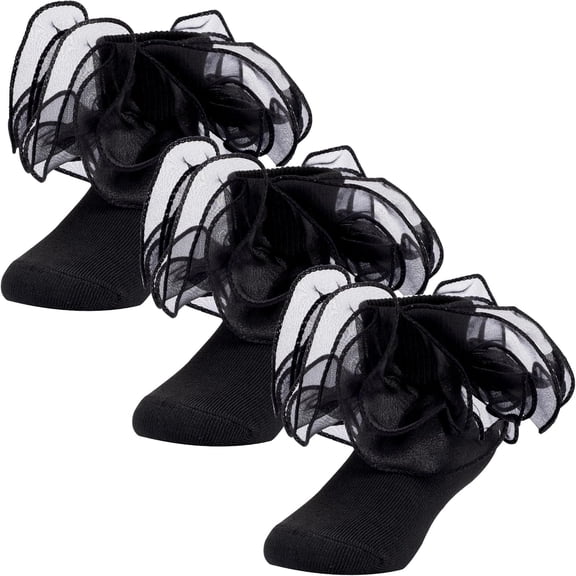 3 Pairs Dicry Baby Girls Double Lace Turn Cuff Socks with Big Ruffle for Infant Toddlers and Kids