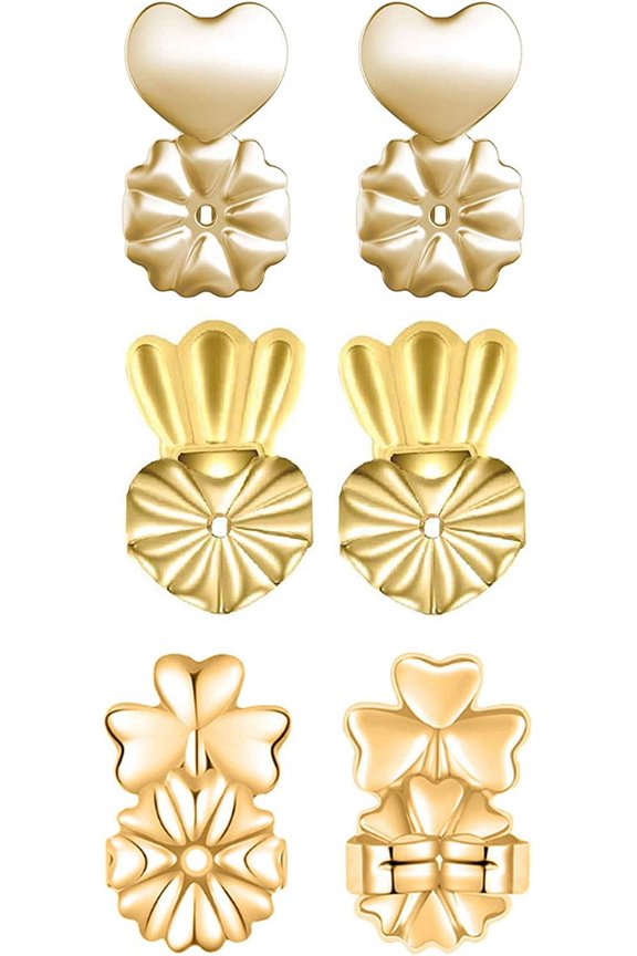 3 PairsEarring Lifters Backs 18K Gold Plated Hypoallergenic Adjustable Secure Lifts Earring Jewelry, Heart-Shaped, Crown & Clover Style