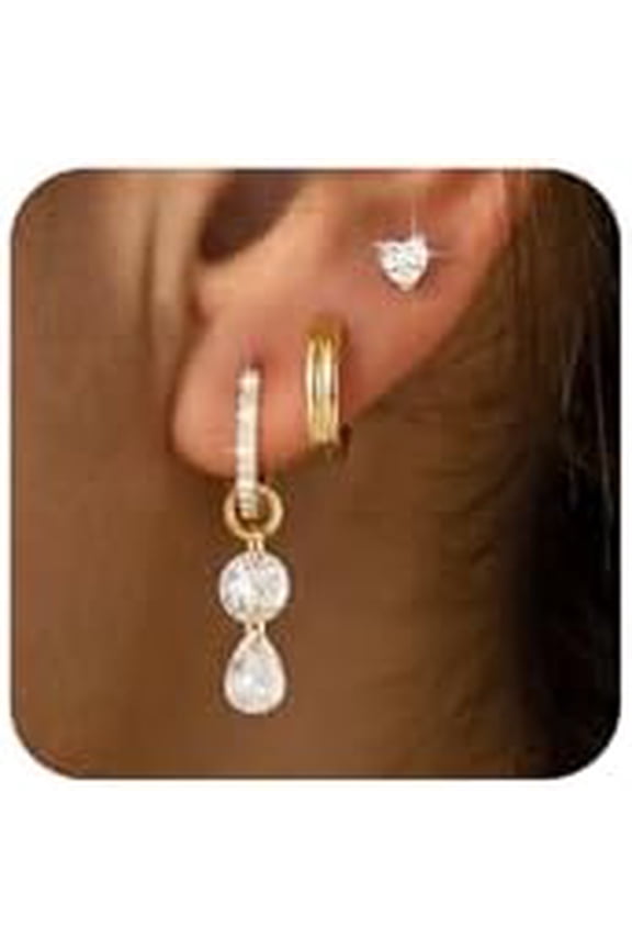 3 Pairs Earrings Set for Multiple Piercings, Gold Studs Hoop Earrings Stack, CZ Dangle Earrings Set, Hypoallergenic for Sensitive Ears, Women's Gift