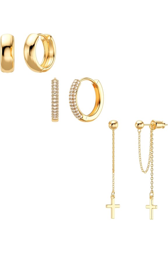 3 Pairs Earrings Set for Multiple Piercings, Gold Studs Hoop Earrings Stack, CZ, Style N2837