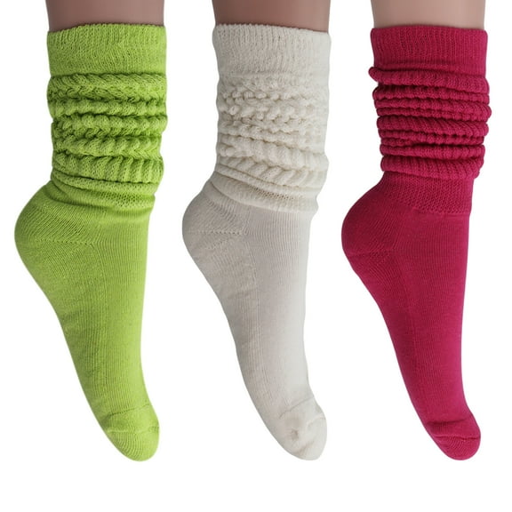 3 Pairs Extra Heavy Cotton Slouch Socks Shoe Size 5 to 10 (Almond Green-Ivory-Fuchsia)