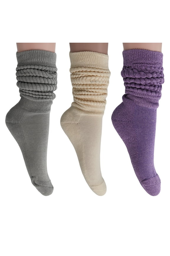 3 Pairs Extra Heavy Cotton Slouch Socks Shoe Size 5 to 10 (Gray-Ecru-Purple)