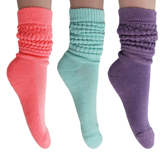 3 Pairs Extra Heavy Cotton Slouch Socks Shoe Size 5 to 10 (Neon Pink-Mint-Purple)