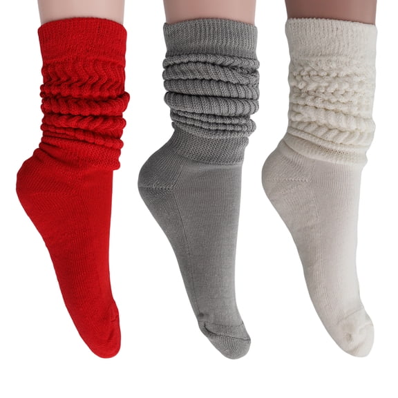 3 Pairs Extra Heavy Cotton Slouch Socks Shoe Size 5 to 10 (Red-Gray-Ivory)