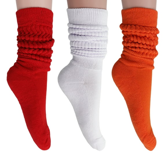 3 Pairs Extra Heavy Cotton Slouch Socks Shoe Size 5 to 10 (Red-White-Orange)