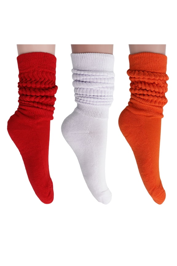 3 Pairs Extra Heavy Cotton Slouch Socks Shoe Size 5 to 10 (Red-White-Orange)