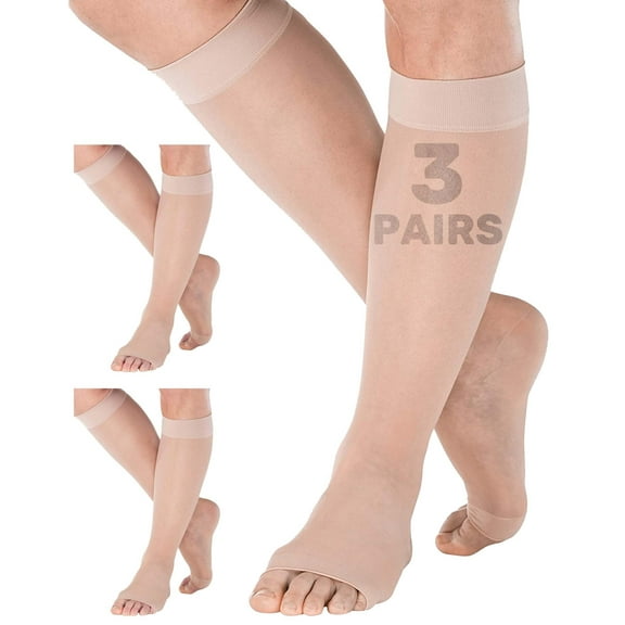 3 Pairs Extra Large Toeless Womens Sheer Support Socks 15-20mmHg Nude, 7X-Large