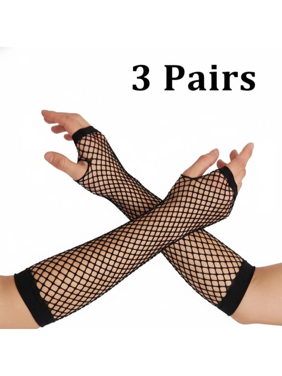 3 Pairs Fingerless Fishnet Gloves for Women, Mesh Fish Net Arm Sleeves, Gothic Punk 80s Scene Emo Party Accessories