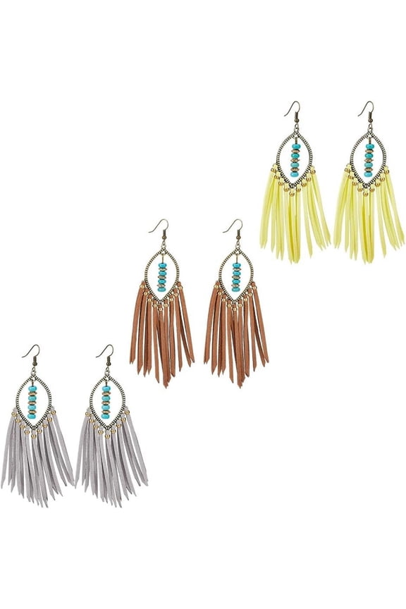 3 Pairs Fringe Leather Earrrings Handmade Tassel Drop Earrings Long Tassel Dangle Earrings Vintage Ethnic Earring Dangle Earrings for Women Colorful