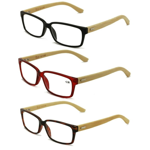 3 Pairs Geniune Bamboo Wood Temple Reading Glasses - Clear Lens Readers Men or Women 3.25