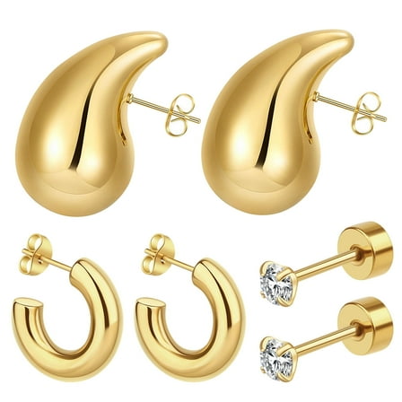 Meafeng Gold Plated Earrings for Women, 3 Pairs 14K Gold Drop Earrings for Women, Multipack Hypoallergenic Earrings Jewelry Gift Set