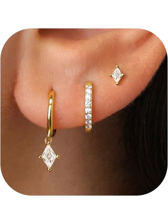3 Pairs Gold Hoop Earring, 14K Gold Plated Earring Stacks Small Butterfly Heart Star Moon Bow Four Leaf Rhombus Dual Pearl Hoop Charm Huggie Earrings for Women Trendy
