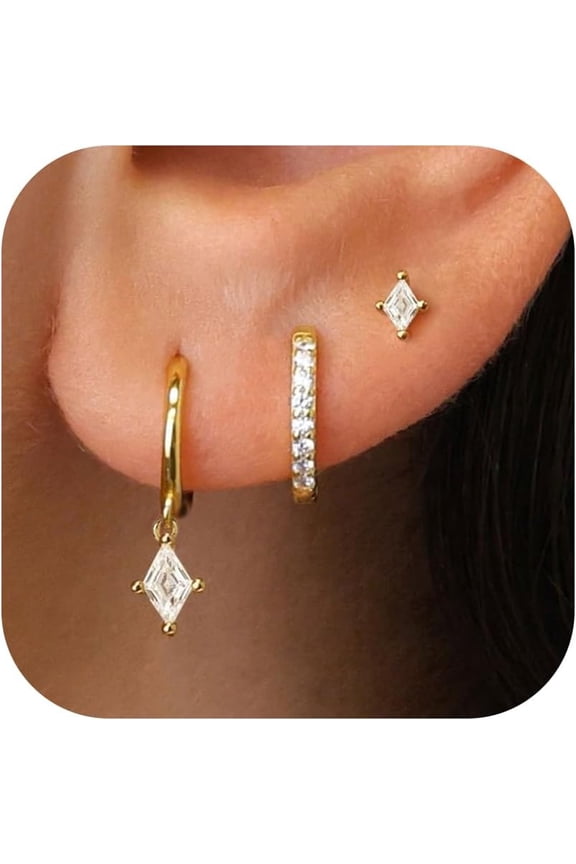 3 Pairs Gold Hoop Earring, 14K Gold Plated Earring Stacks Small Butterfly Heart Star Moon Bow Four Leaf Rhombus Dual Pearl Hoop Charm Huggie Earrings for Women Trendy