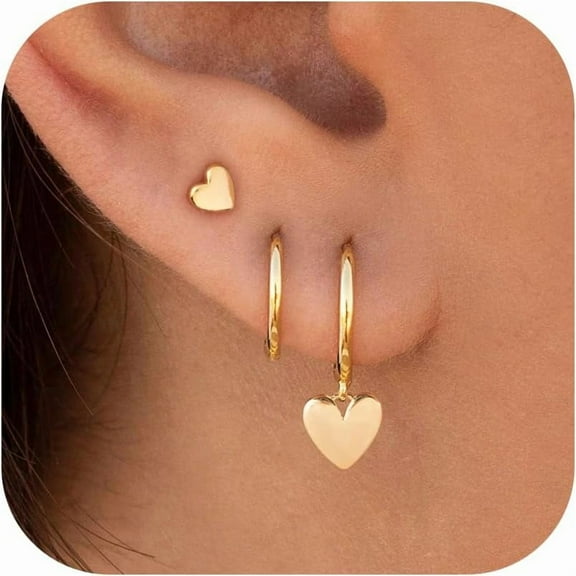 3 Pairs Gold Hoop Earring, 14K Gold Plated Earring Stacks Small Butterfly Heart Star Moon Bow Four Leaf Rhombus Dual Pearl Hoop Charm Huggie Earrings for Women Trendy