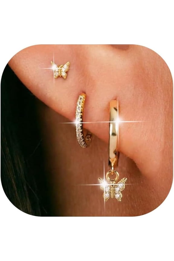 3 Pairs Gold Hoop Earring for Women,14K Real Gold Plated Chunky Hoop Earrings Set Charm Cute Heart Butterfly Bow CZ Pearl Huggie Hoops Earrings Lightweight Trendy Jewelry