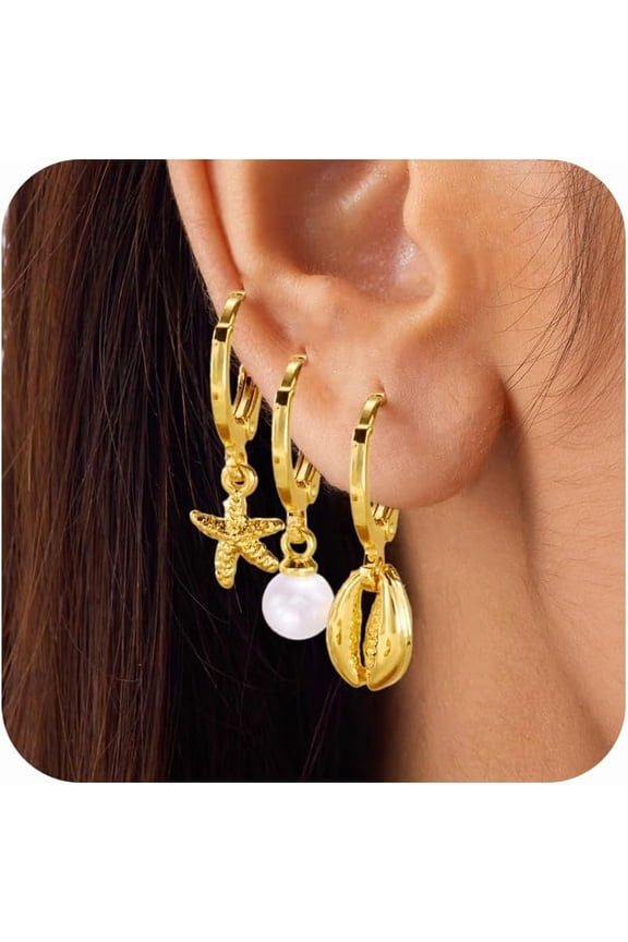 3 Pairs Gold Shell Earrings Set for Women Dainty Starfish Seashell Pearl Dangle Earrings Trendy Gold Stack Ear-rings Summer Beach Ocean Jewelry Gifts for Her[z363]