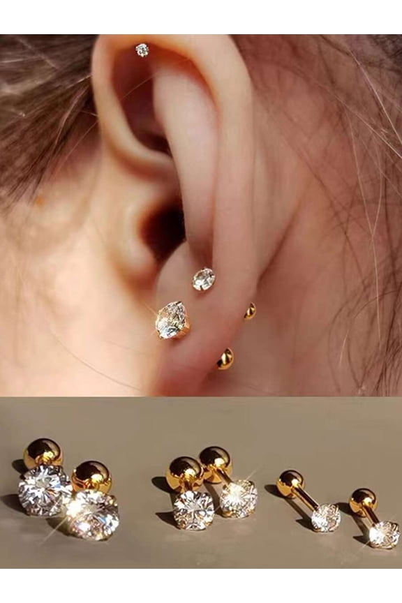 3 Pairs Goldtone CZ Stud Earrings Set For Earlobe Helix Cartilage