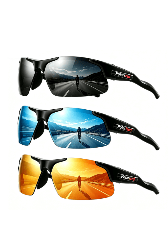 3 Pairs Half Frame Polarized Fishing Sunglasses for Mens,Wrap Around Anti-UV Shades for Surfing Golf Hiking,Outdoor Riding Windbreaking Goggles (Black Blue Red)