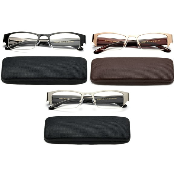 3 Pairs Half Frame Reading Glasses Metal Semi Rimless Men Women Wide Arm Rectangular Metal Frame Reading Glasses in Case with Hard Case