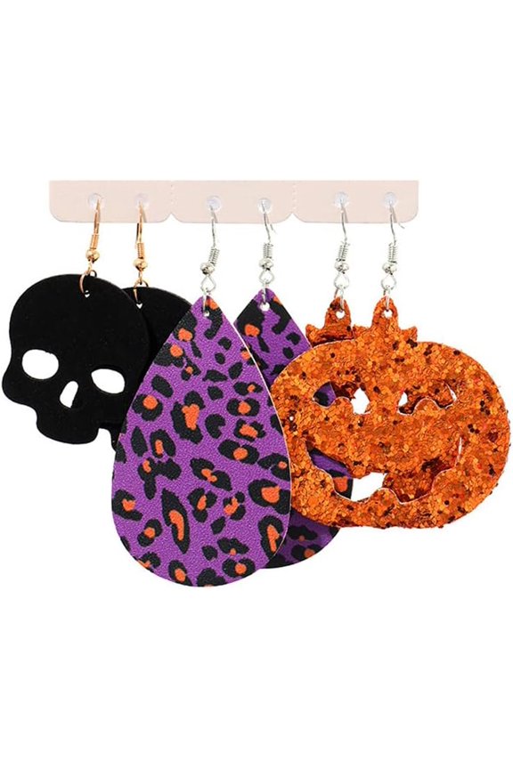 3 Pairs Halloween Theme Teardrop Faux Leather Drop Dangle Earrings Bulk Pumpkin Ghost Skull Boo Lightweight Halloween Costume Party Decoration Festival Jewelry