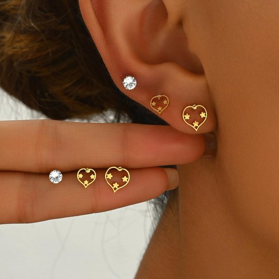 3 Pairs Heart Stainless Steel Stud Earring Sets with Rhinestone Golden 3~7mm Golden