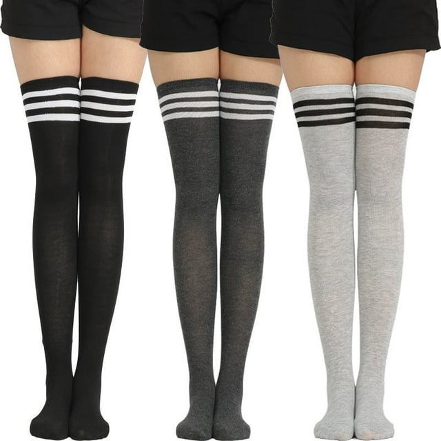 3 Pairs High Thigh Socks Striped Over Knee Thin Tights Long Stocking ...