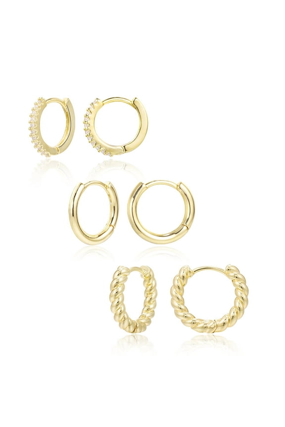 14K Gold Plated Hoop Earrings Set, Hypoallergenic Huggie Hoops for Women, 3 Pairs