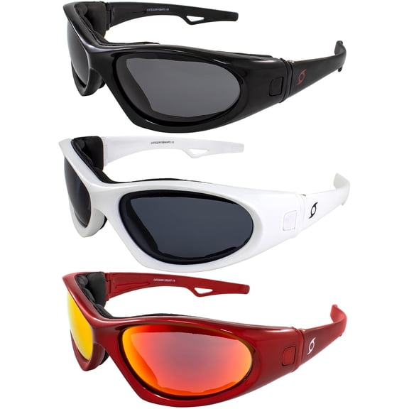 Hurricane Eyewear Category 5 Jet & Water Ski Floating Sunglasses to Goggles Hybrid 3 Pairs Black & White Frames with Polarized Smoke Lenses Red Frame with Red Mirror Lens