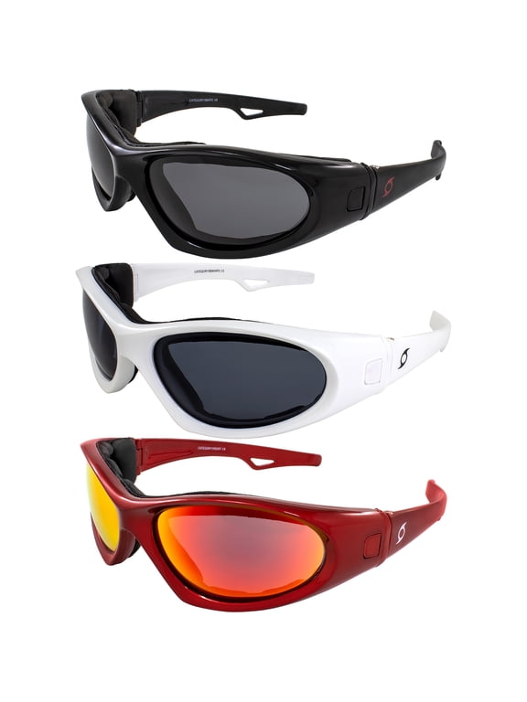 Eyewear Category 5 Jet & Water Ski Floating Sunglasses to Goggles Hybrid 3 Pairs Black & White Frames with Polarized Smoke Lenses Red Frame with Red Mirror Lens