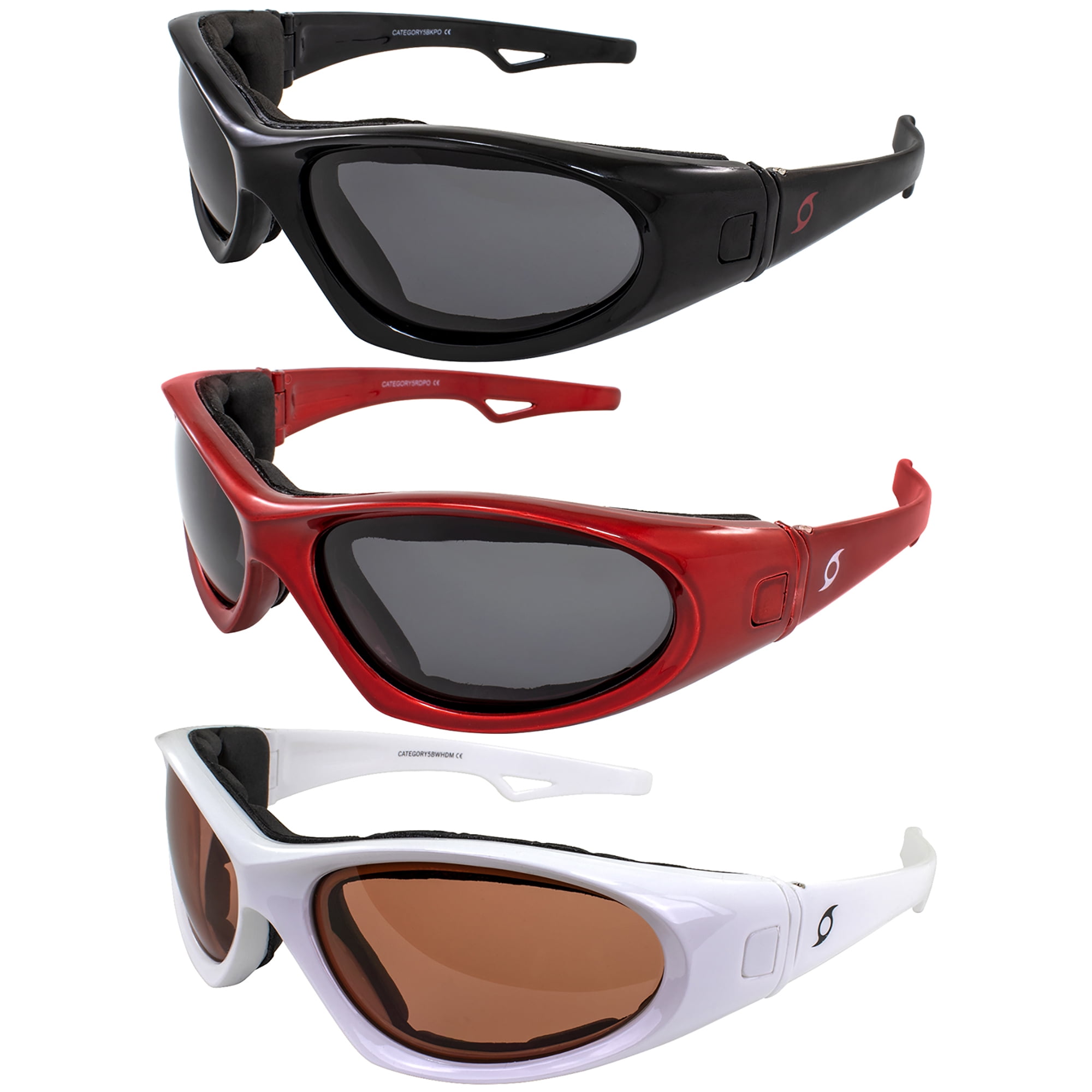 3 Pairs of Hurricane Eyewear Category 5 Jet Water Ski Sunglasses to Goggles Hybrid White Frame with Driving Mirror Lens Black Red Frames with