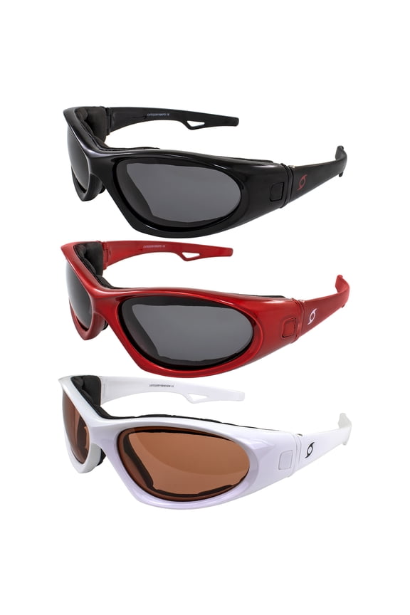 3 Pairs of Hurricane Eyewear Category 5 Jet & Water Ski Sunglasses to Goggles Hybrid - White Frame with Driving Mirror Lens - Black & Red Frames with Polarized Smoke Lenses