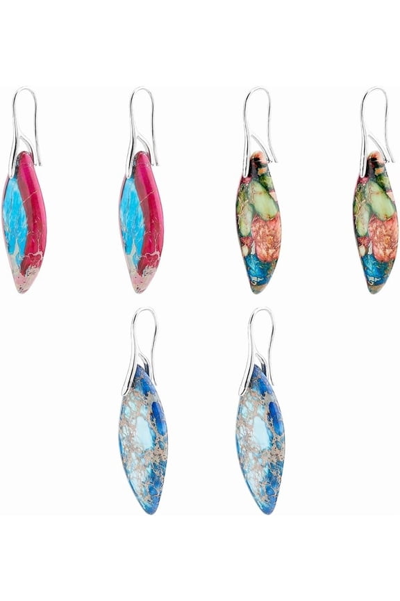 3 Pairs Imperial Jasper Stone Drop Earrings Natural Leaf Stone Dangle Earrings Colorful Stone Earrings Silver Fishhook Dangle Earrings Jewelry for DIY Women