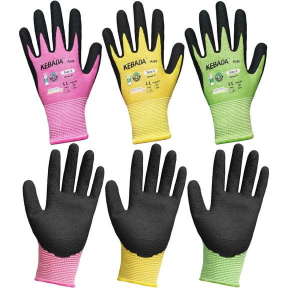 3 Pairs Kebada Kids Gardening Gloves Bulk Pack, Eco-Friendly Toddler Work Gloves for Ages 3-9