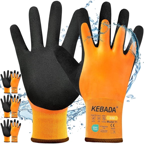 3 Pairs Kebada T1 Waterproof Insulated Work Gloves for Men and Women, Cold Weather High Visibility, Large, Orange