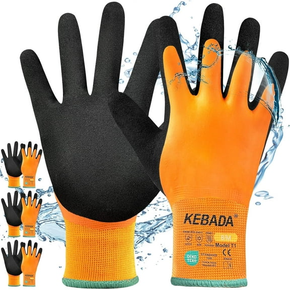 3 Pairs Kebada T1 Waterproof Insulated Work Gloves for Men and Women, Cold Weather High Visibility, Medium, Orange